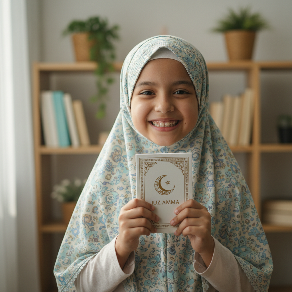 Young girl in hijab holding up her completed juz booklet with a gap-toothed smile