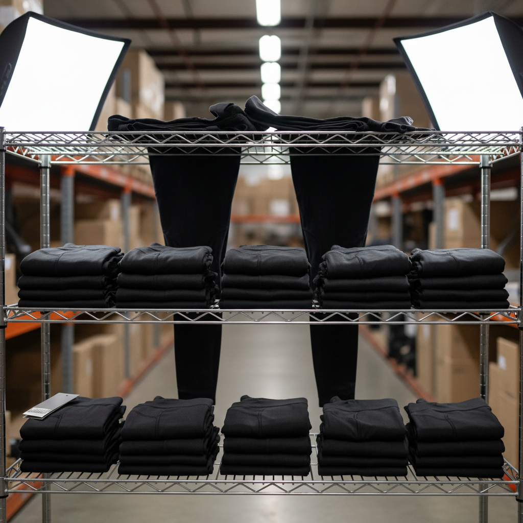 Black compression tights and sleeves arranged on wire shelving in a well-lit warehouse setting