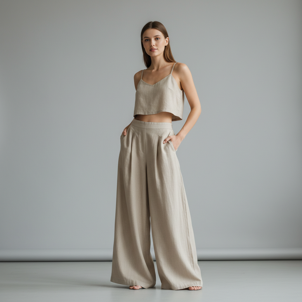 Woman in ribbed crop tank set pastel studio shot