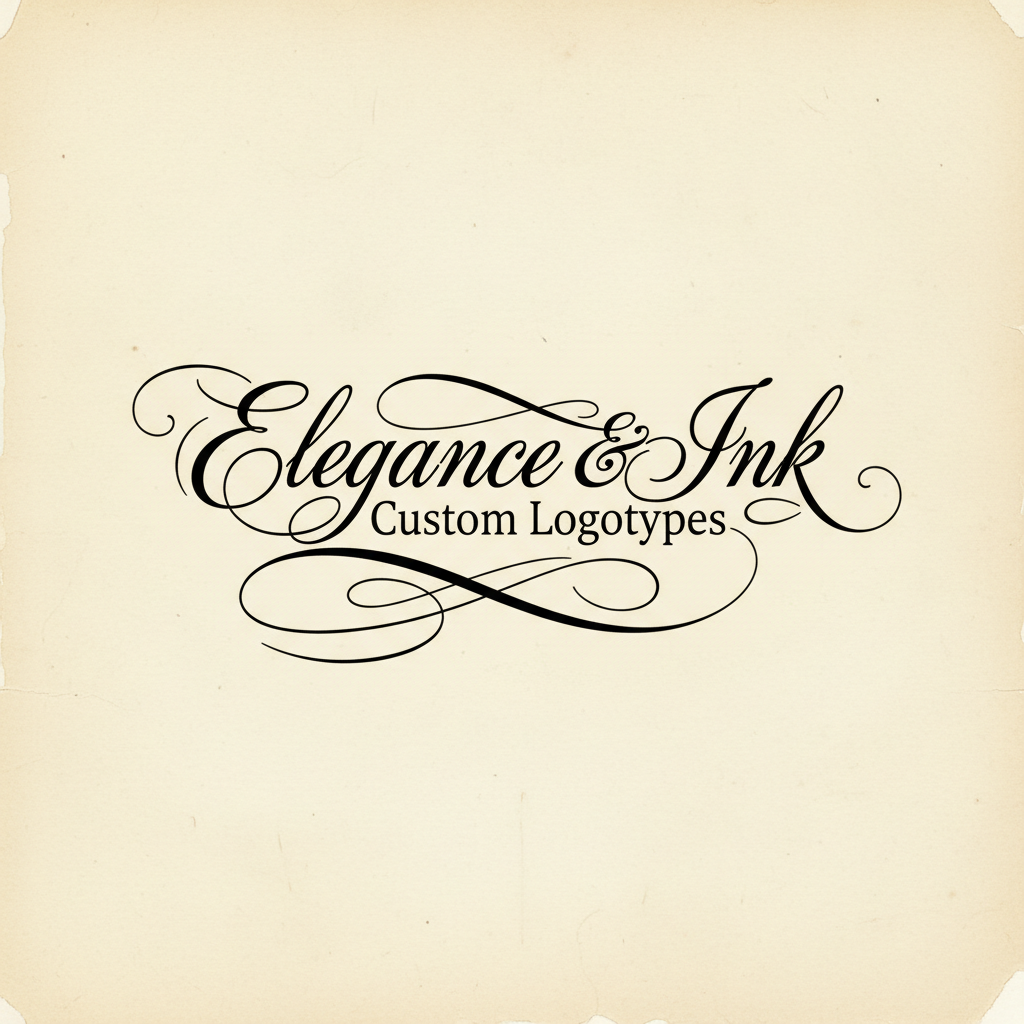 Custom logotype commission in black ink on cream paper with sweeping flourishes