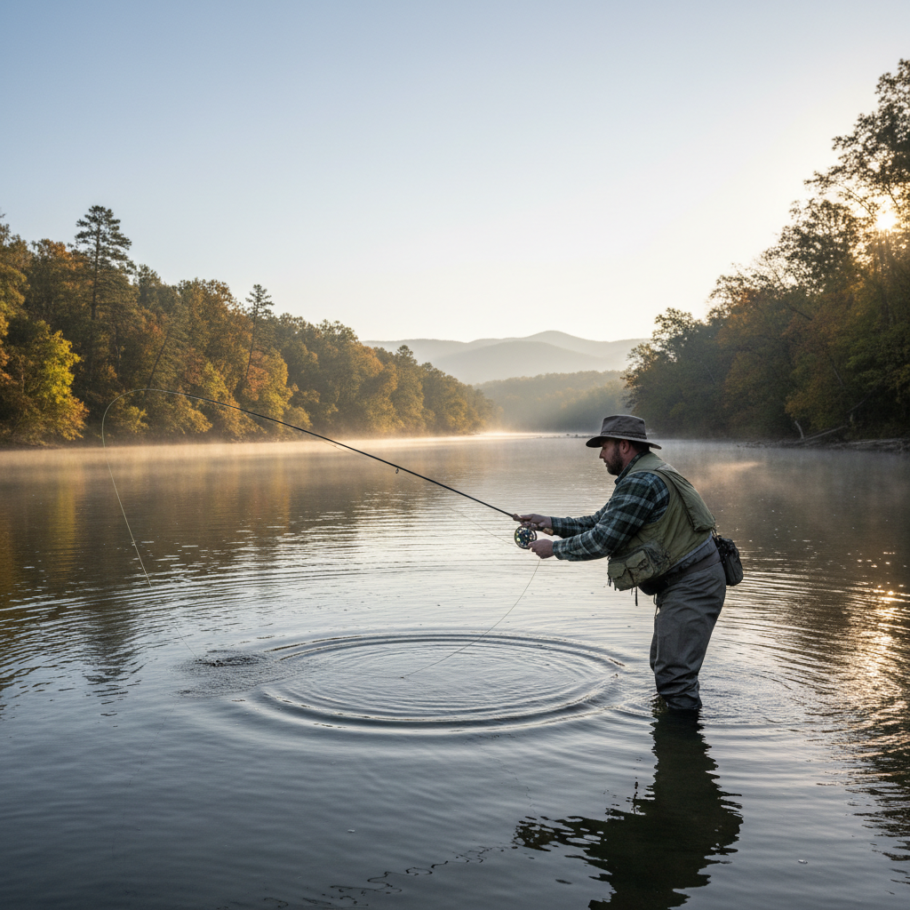 Fly fisherman casting on the Little Red River with morning light on the water