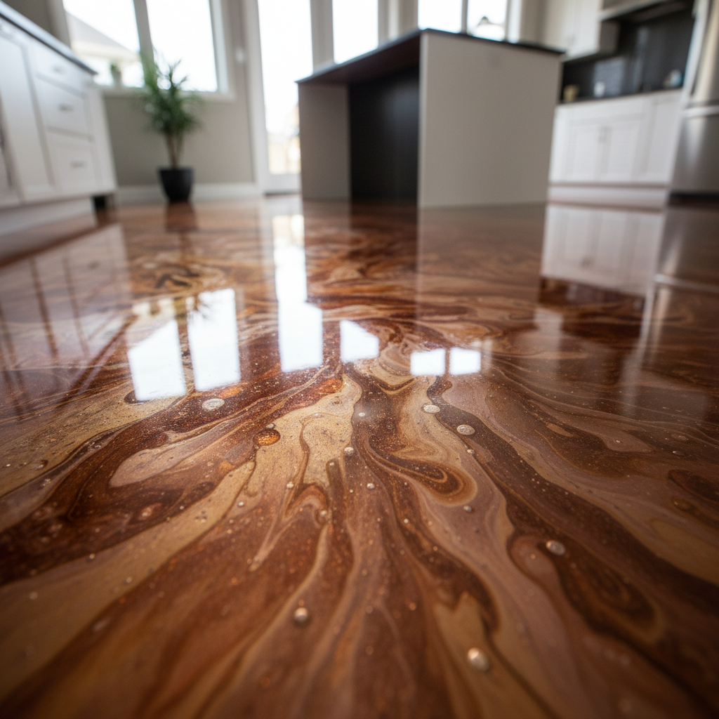 Warm copper and bronze metallic epoxy kitchen floor in Bondi home, swirling organic pattern creating unique artistic finish