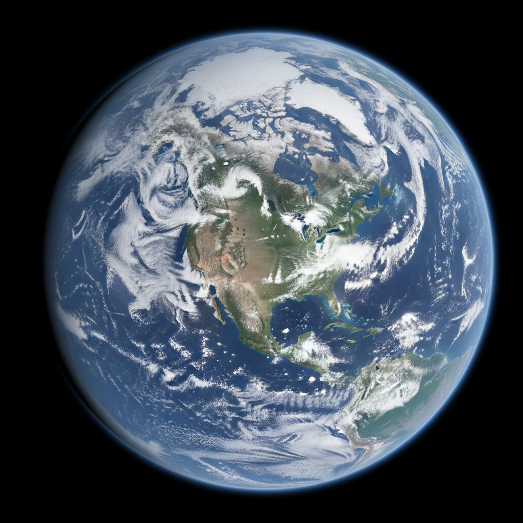 Earth from orbit showing green vegetation and atmosphere from polar perspective