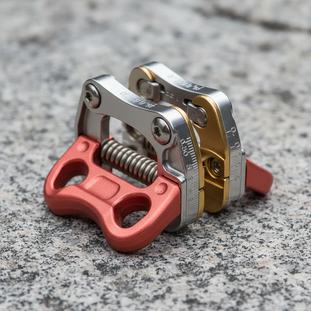 Small spring-loaded camming device with coral red trigger against a granite rock texture, showing expansion range markings