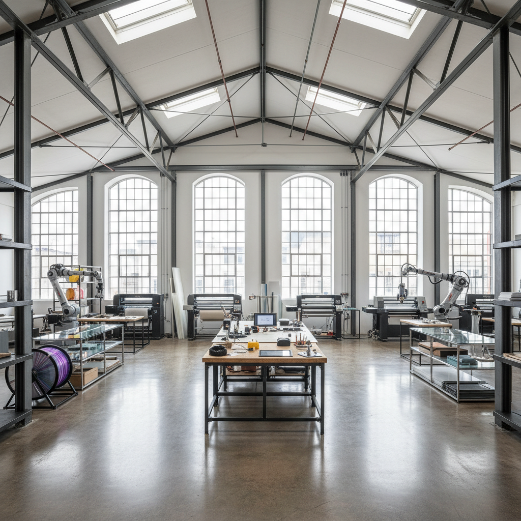 Open-plan commercial studio office with exposed concrete ceiling, floor-to-ceiling windows, bright well-lit workspace, minimal furnishings