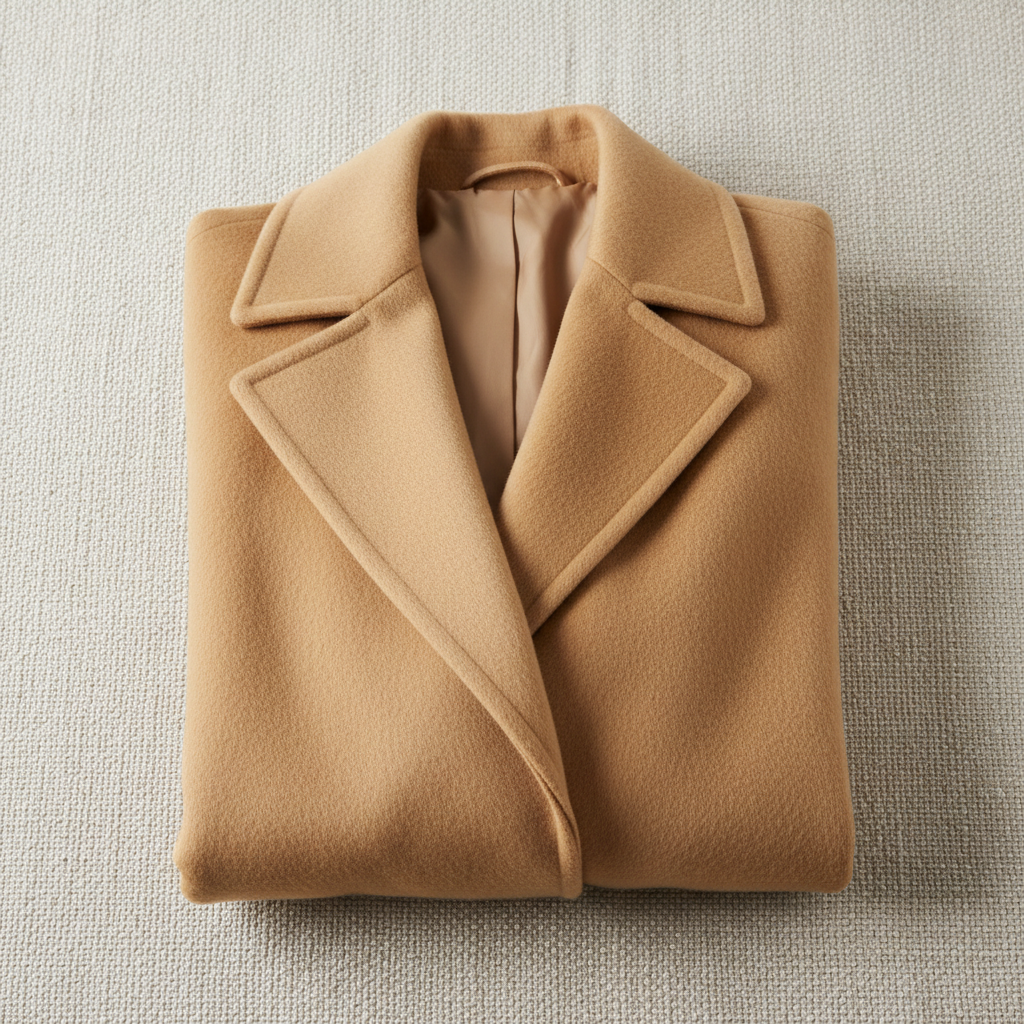 Soft camel cashmere coat folded with perfect drape