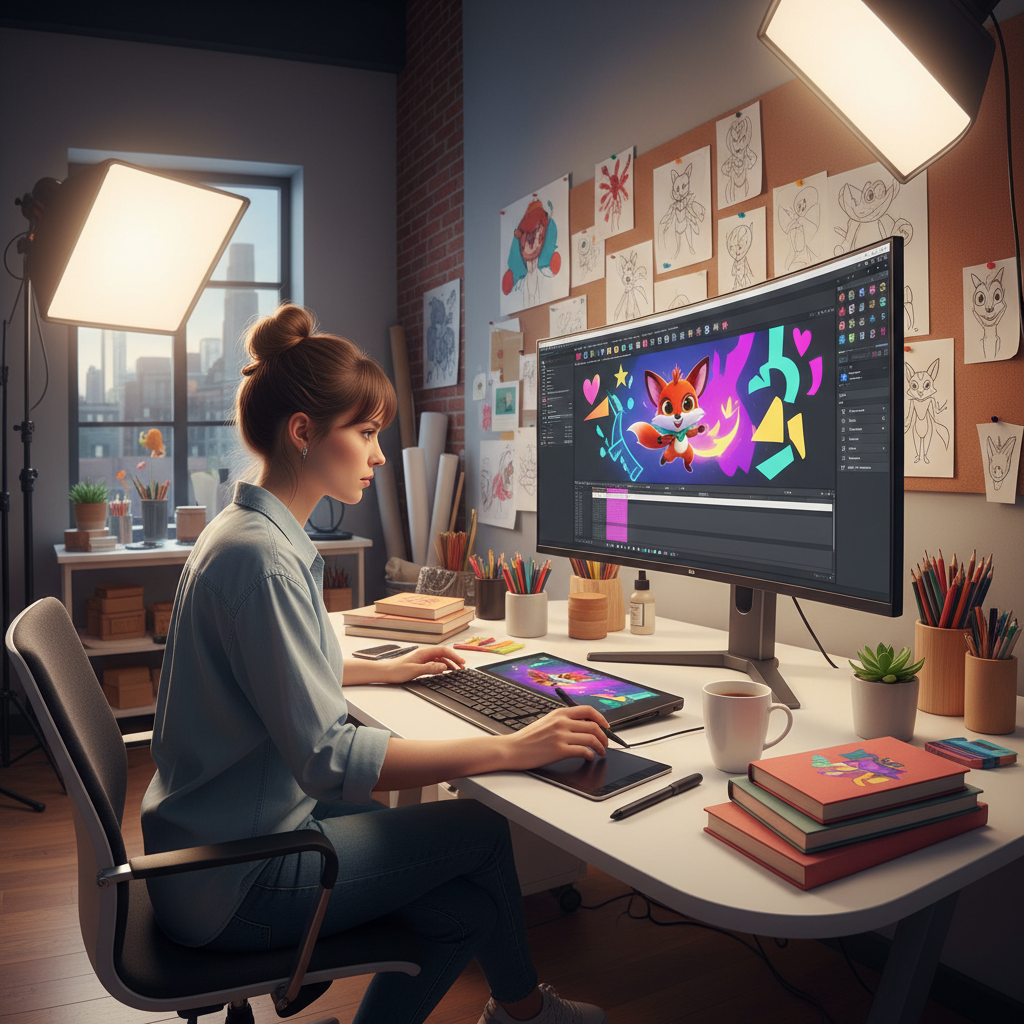 Graphic designer working on branding layout on a large monitor in a bright studio