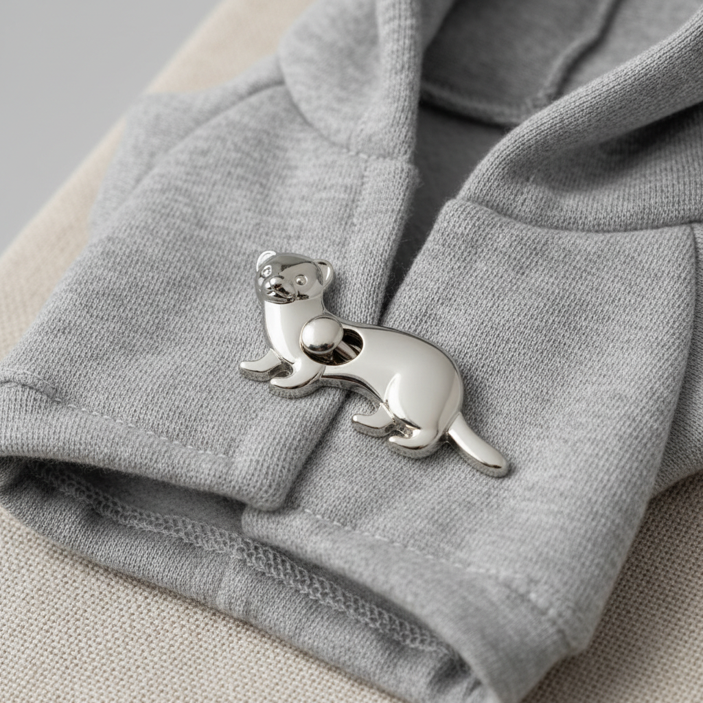 Ferret snap closure detail, showing the metal snap being fastened on a miniature hoodie