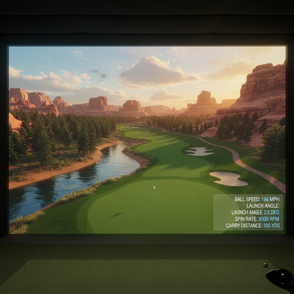 Close-up of golf simulator screen showing a scenic course hole with data overlay, warm orange ambient light