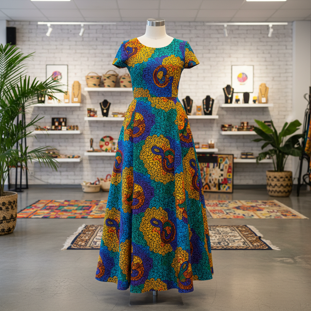 Colorful African wax print dress on a hanger in a bright boutique with natural light