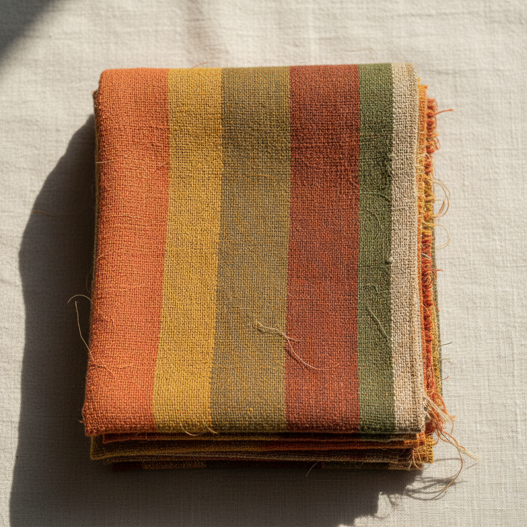 Rolls of natural Khadi fabric stacked in a traditional store, deep shadows, warm brown and cream colors, Indian textile heritage