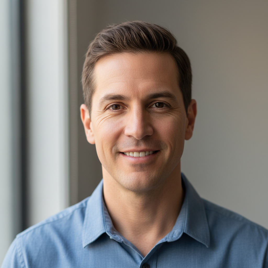 Caucasian man with short brown hair in blue shirt smiling confidently