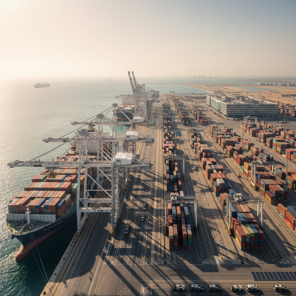 Aerial view of massive container port with hundreds of shipping containers and cranes