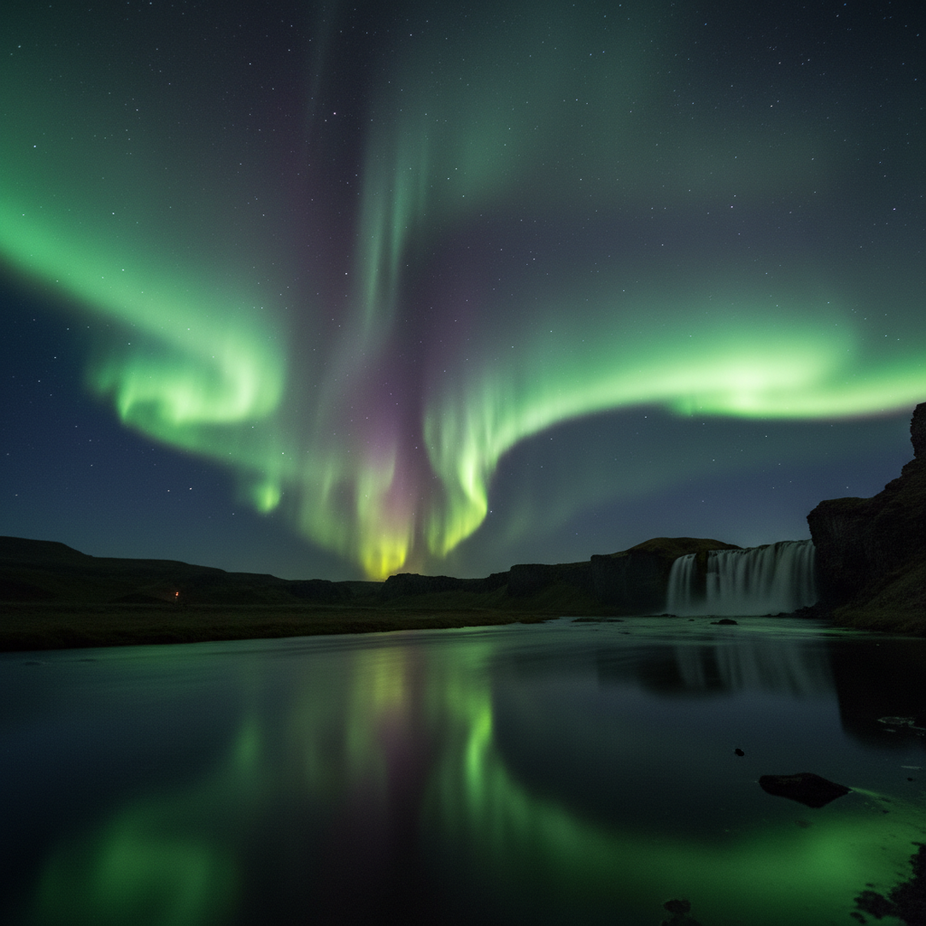 Northern Lights aurora borealis over a fjord in Norway