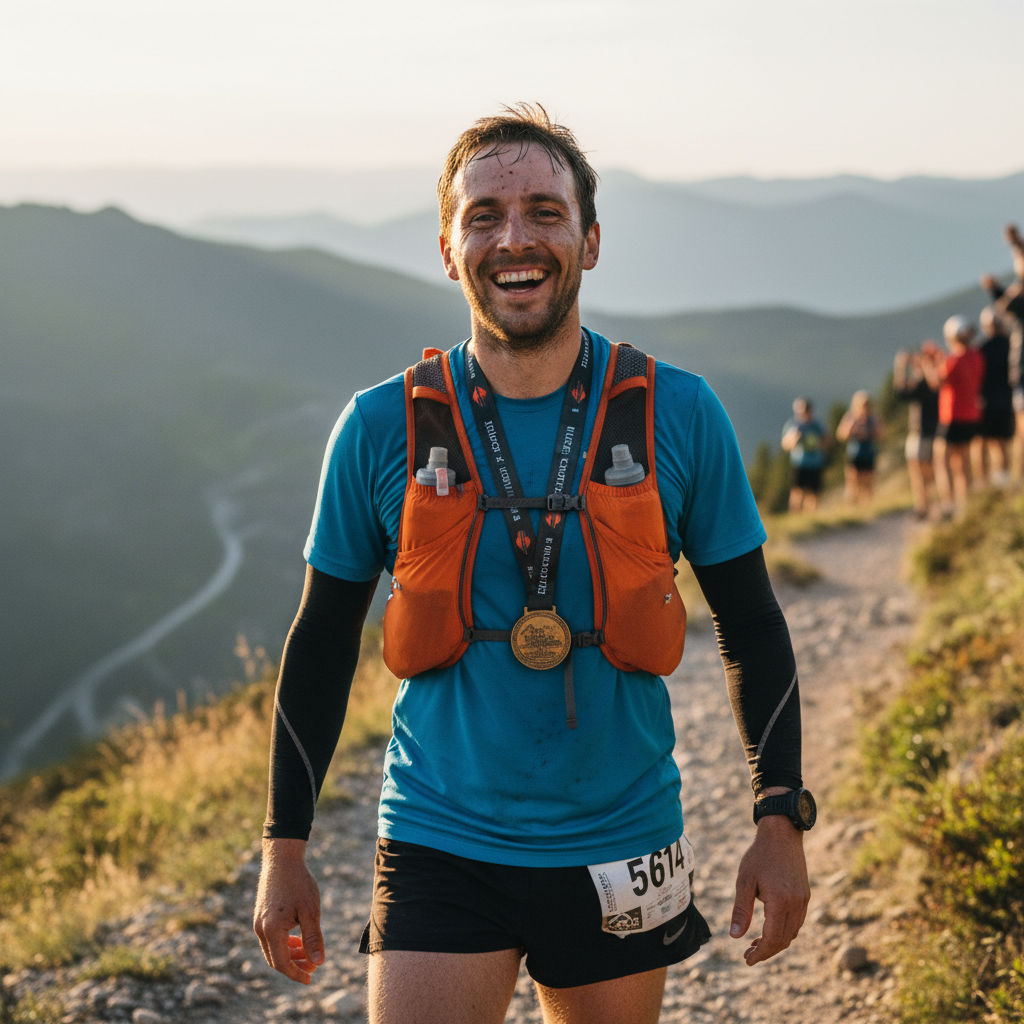 Marcus Delgado, software engineer and ultra marathon finisher, smiling in trail running gear