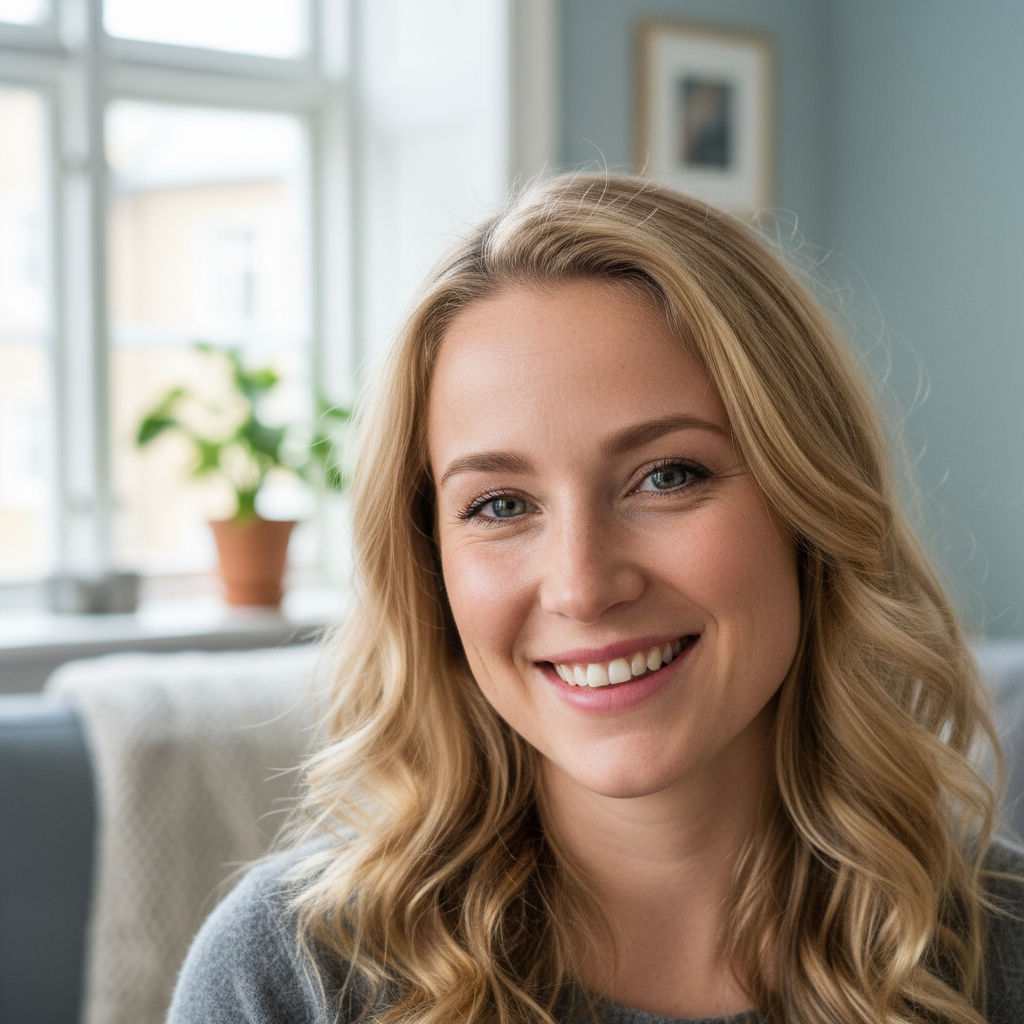 Portrett av en ung norsk kvinne med mørkt hår, smilende i naturlig lys