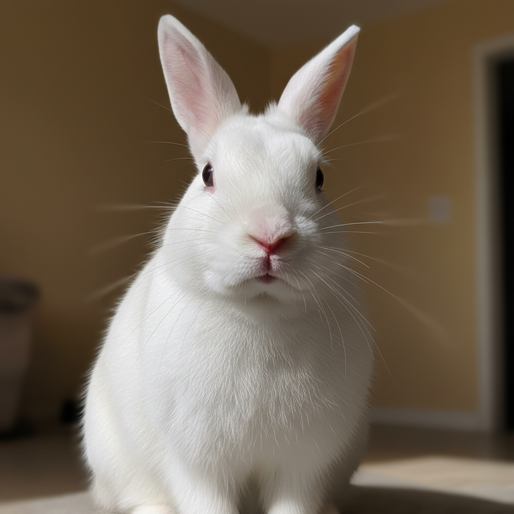 A white rabbit photographed with a basic phone camera in harsh home lighting, details lost in overexposure