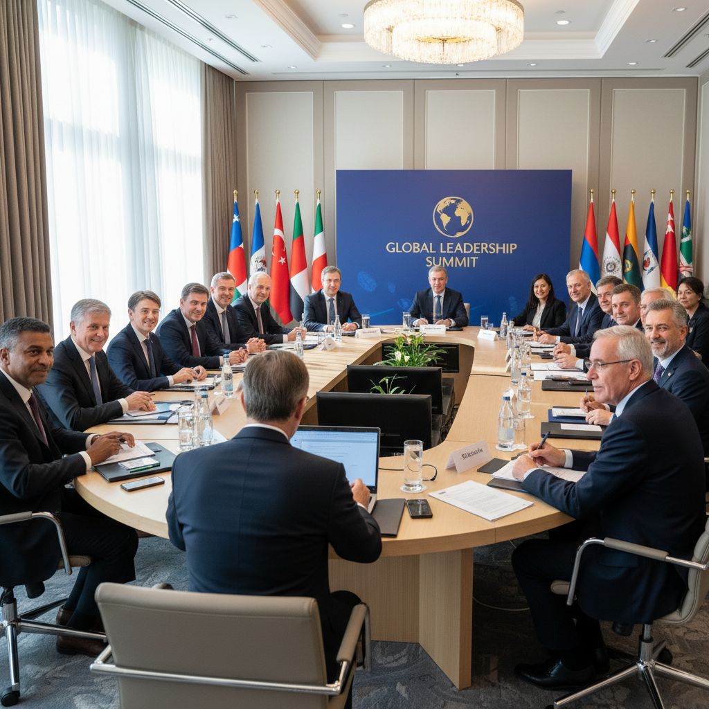 Delegates in formal suits engaged in committee discussion, conference table, professional diplomacy setting