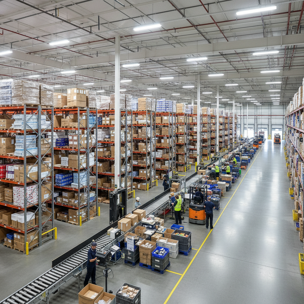 Bright e-commerce fulfillment center with organized product shelves, well-lit warehouse environment, clean airy space