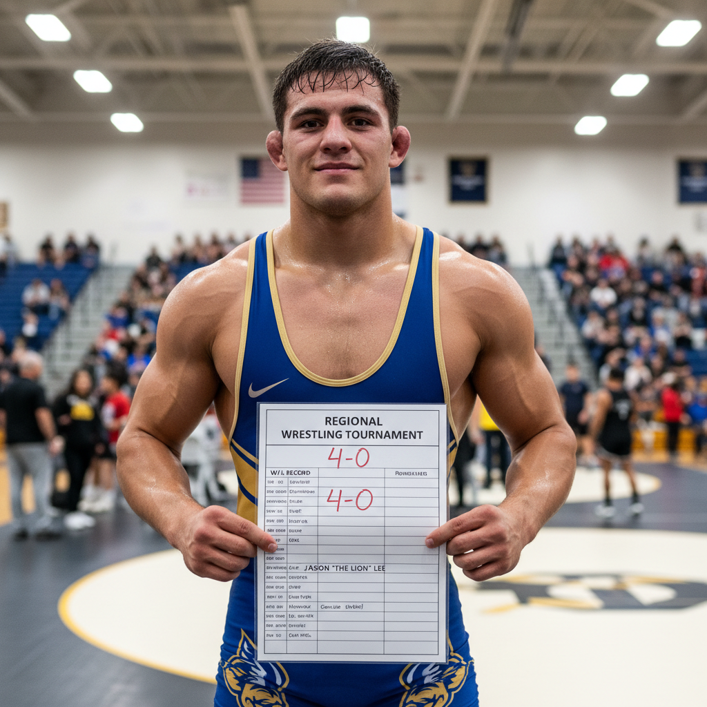 Wrestler holding bracket sheet showing 4-0 record at regional tournament