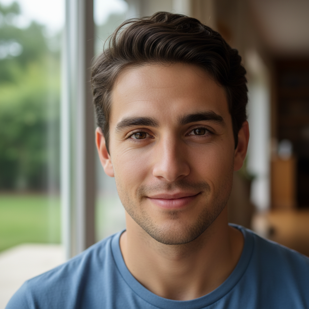 Young man with casual smile, indoor portrait