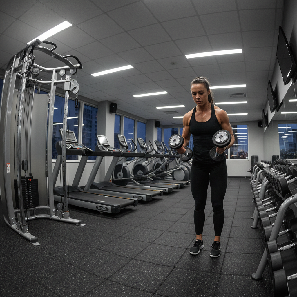 Woman lifting dumbbells with confident form in a bright home gym
