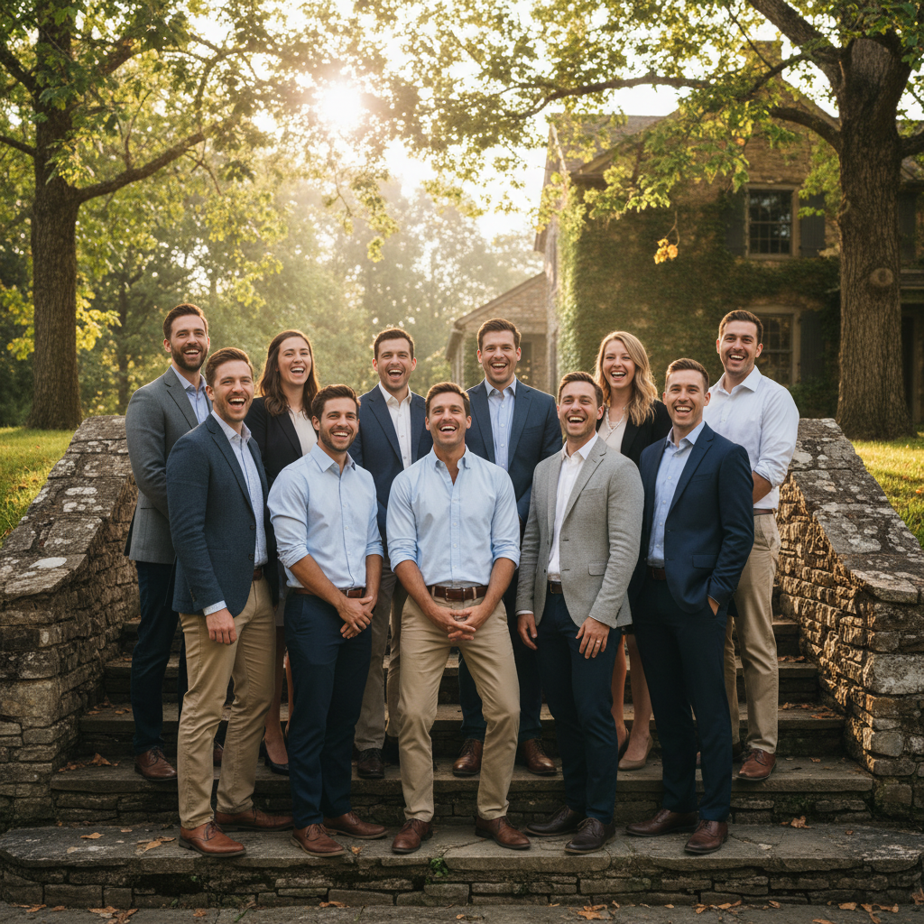 Twelve attorneys standing on stone farmhouse steps, blazers off, sleeves rolled, mid-laugh in morning light filtering through sycamores
