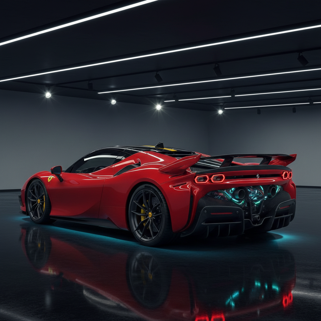 Ferrari SF90 Stradale front three-quarter view in Rosso Corsa red against dark studio backdrop