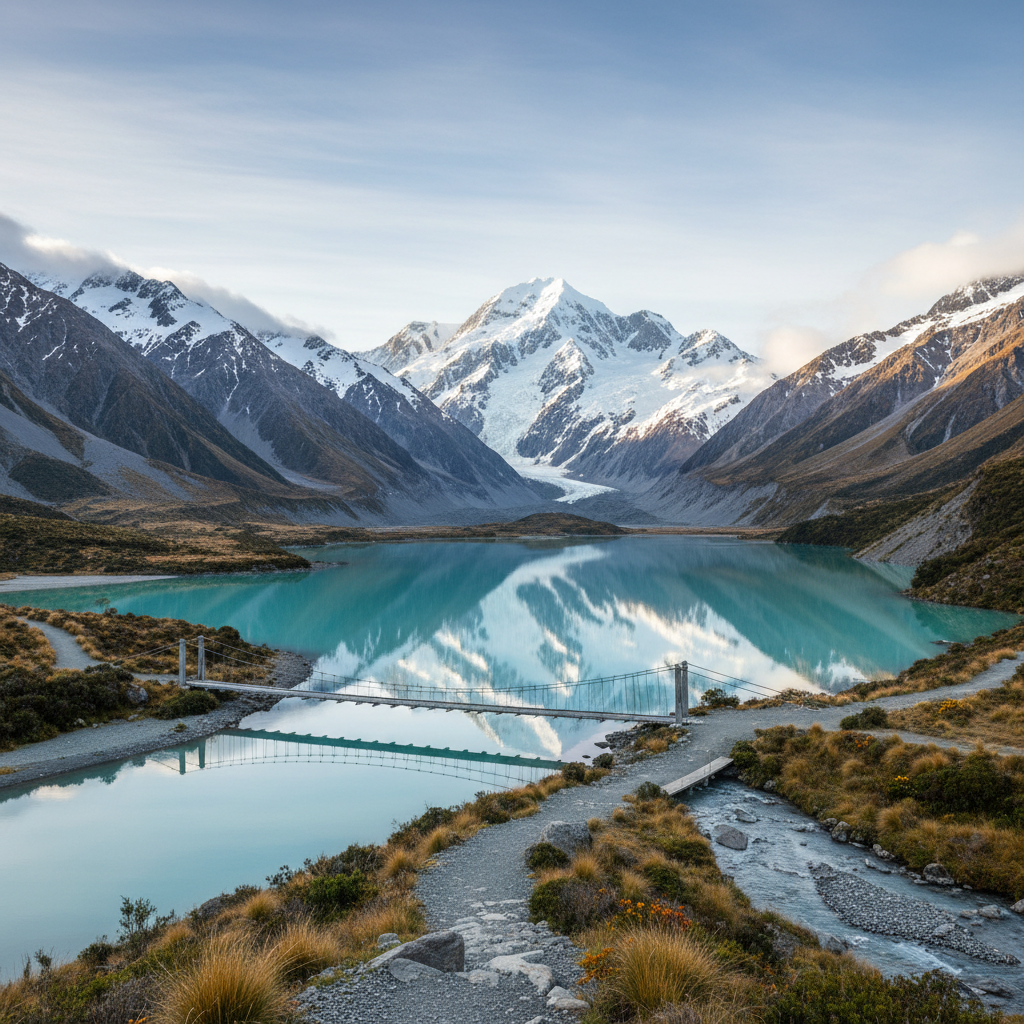 Hooker Valley glacier lake with Aoraki/Mt. Cook reflected in the still turquoise water