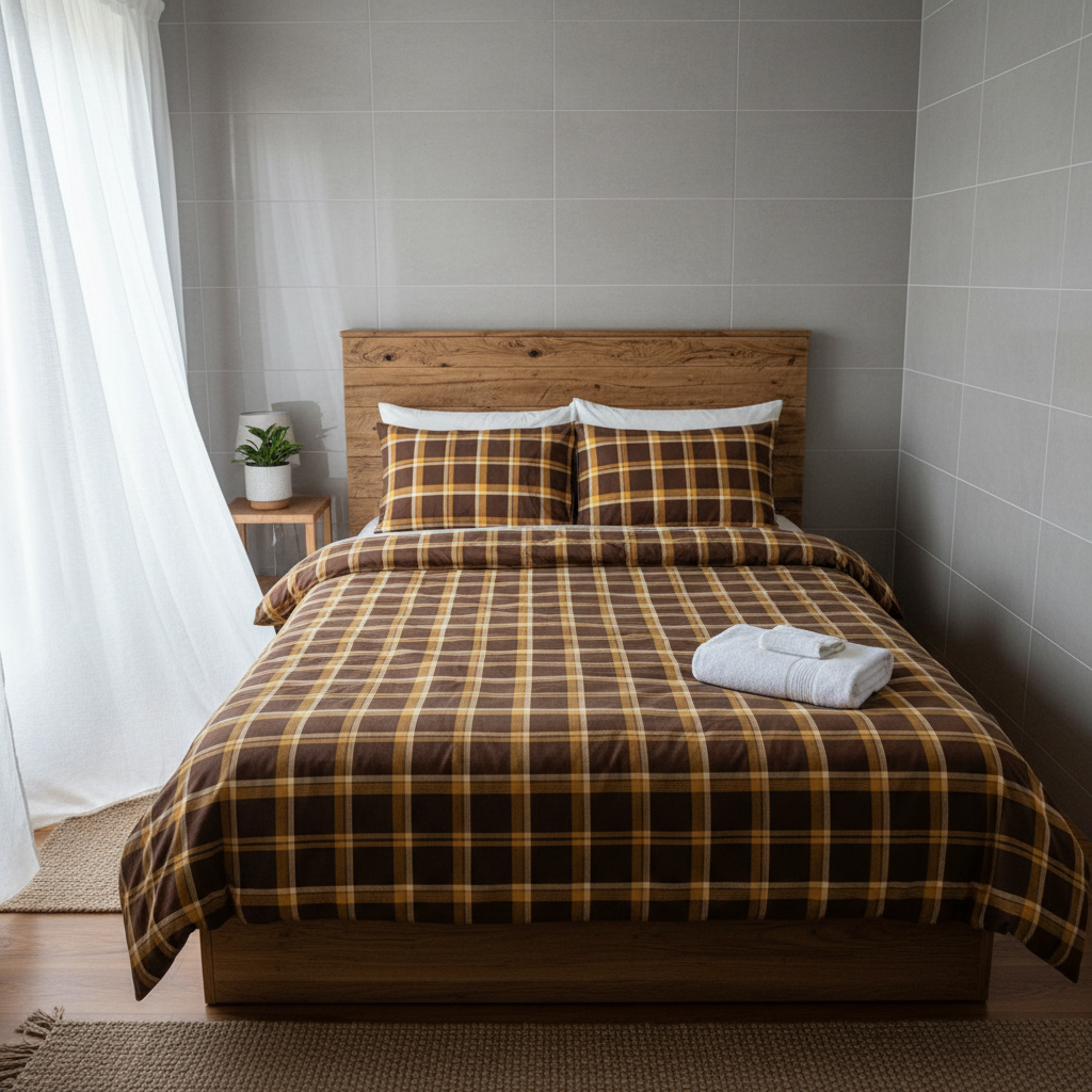 Double bed with brown-and-yellow plaid bedding, wooden headboard, folded towel and sheer curtains in a tiled room at Majestic Haven