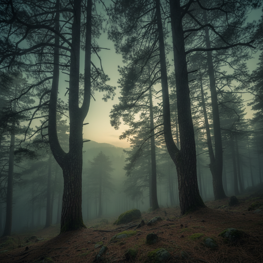 Nathia Gali pine forest at dusk with dark atmospheric mist and dim green-grey shadows
