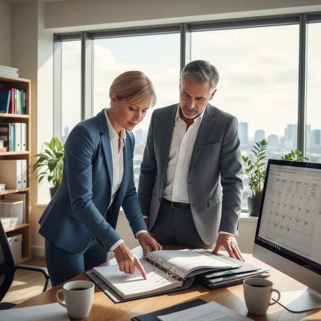 Professional financial analyst reviewing credit reports and financial documents on computer screen in modern office