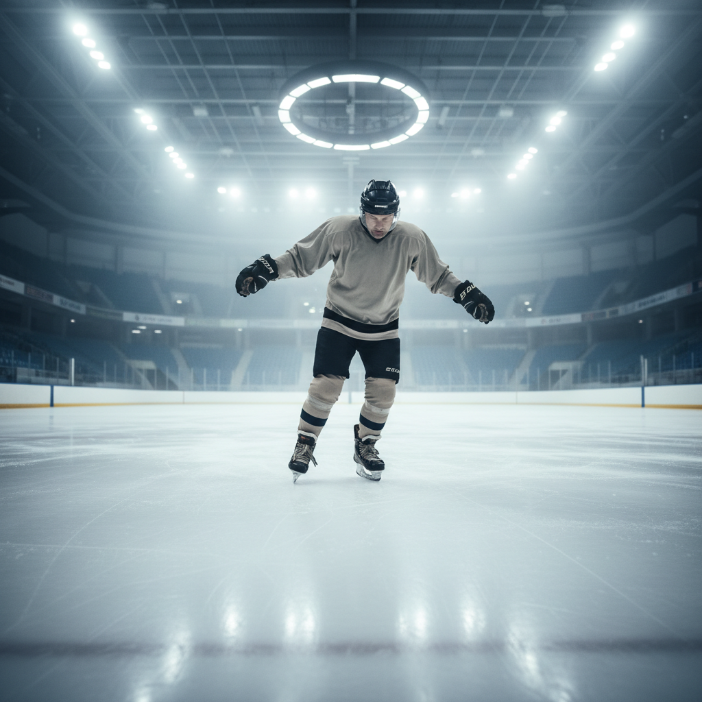 Adult man in hockey skates taking tentative steps on ice rink