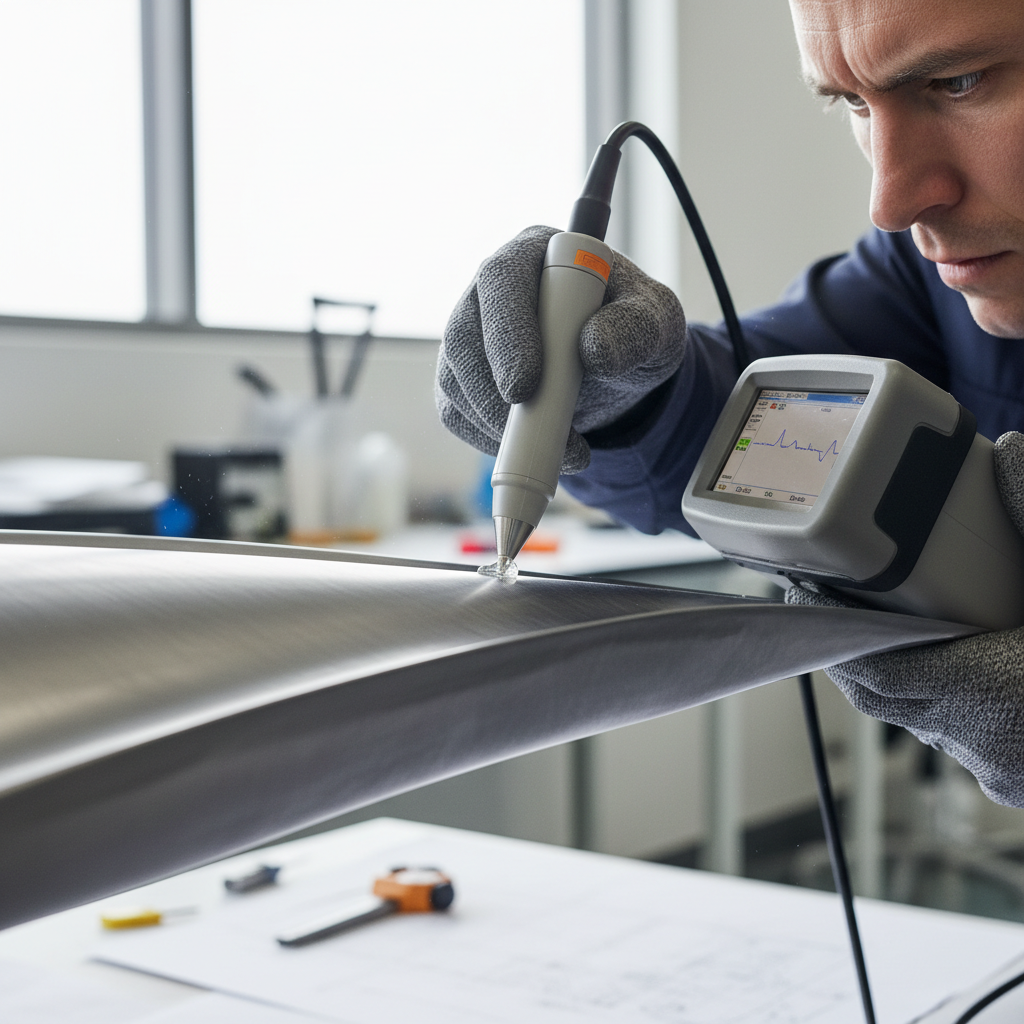 Quality inspector performing ultrasonic non-destructive testing on critical aerospace component using advanced NDT equipment