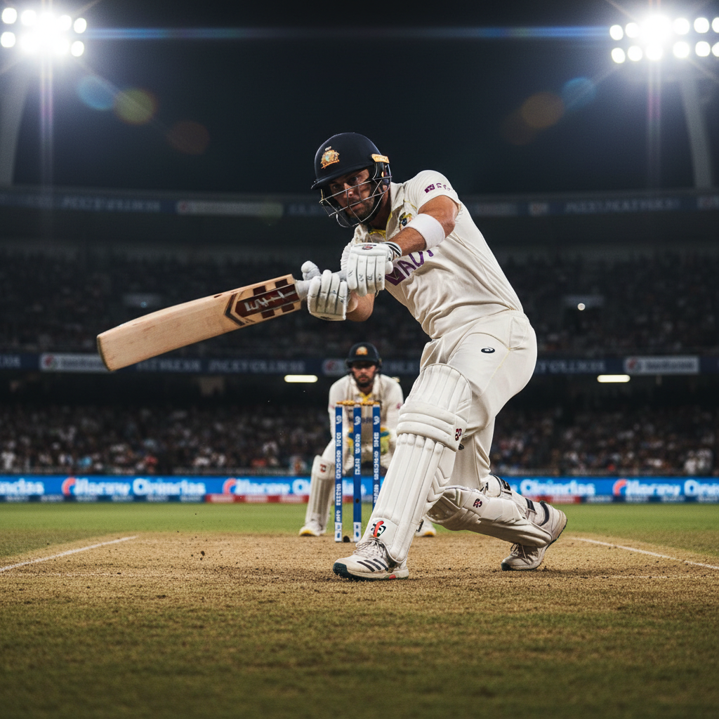 Cricket batter mid-drive, front foot planted, bat a blur of motion, shot from low behind the bowler's arm with floodlights flaring in the top corners