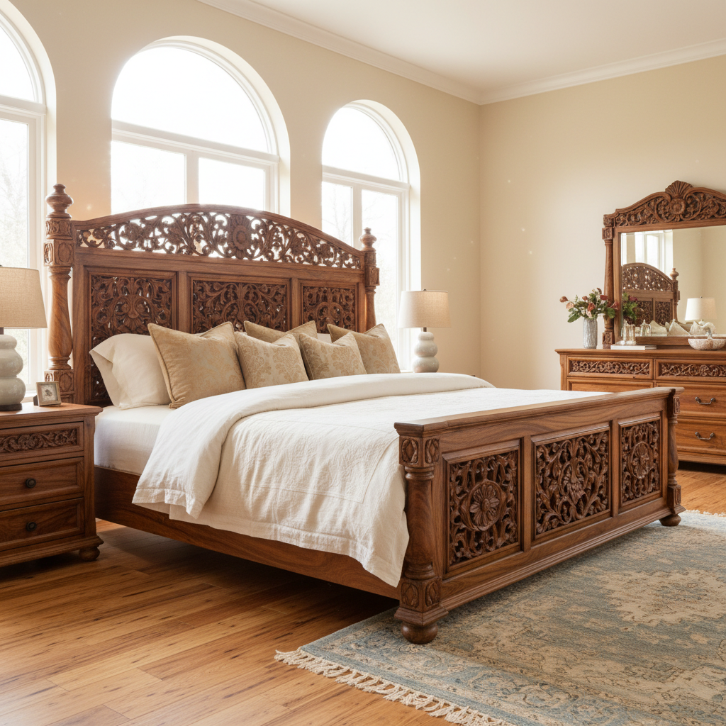 Solid sheesham wood king bed with carved headboard in well-lit bedroom, warm tones
