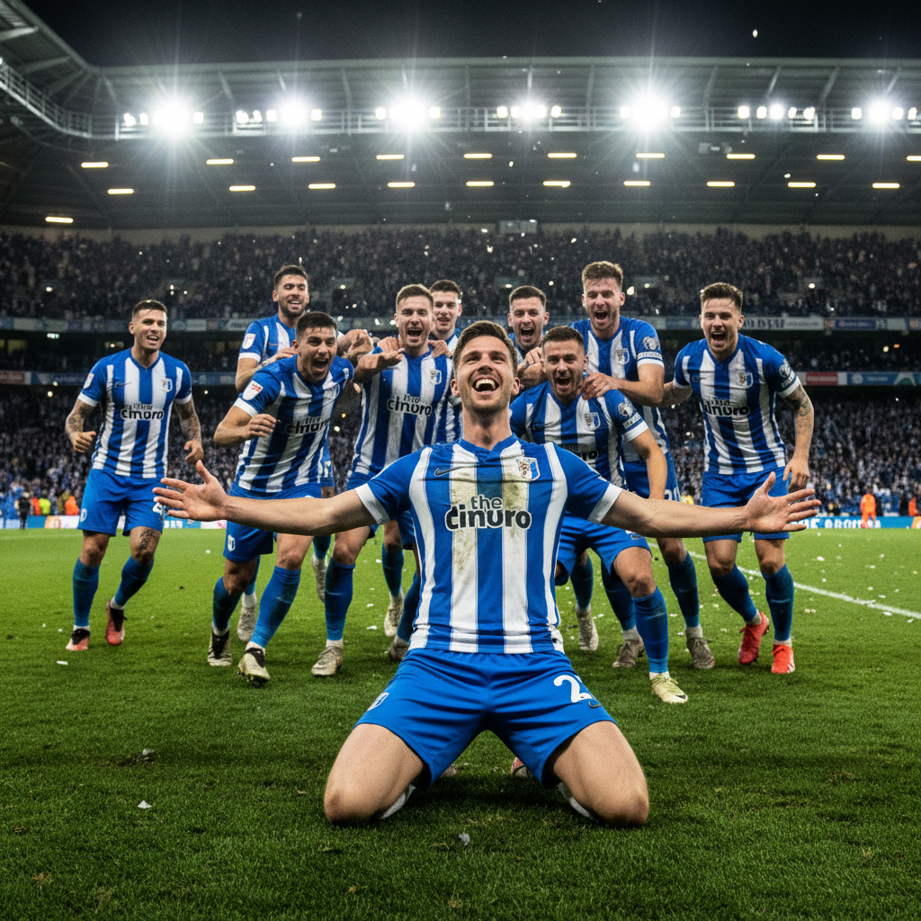 Football player celebrating goal in packed stadium