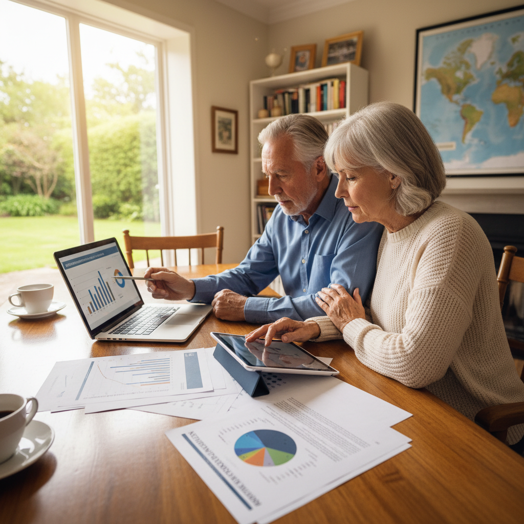 Happy senior couple reviewing retirement portfolio with financial advisor, warm atmospheric home office, soft natural lighting