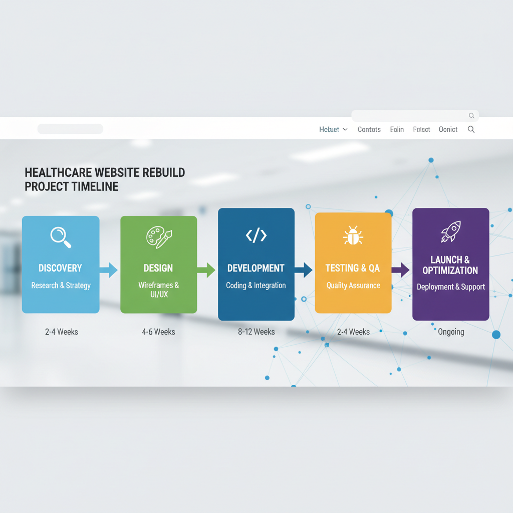 Healthcare website rebuild project timeline showing phases from discovery through design, development, and launch