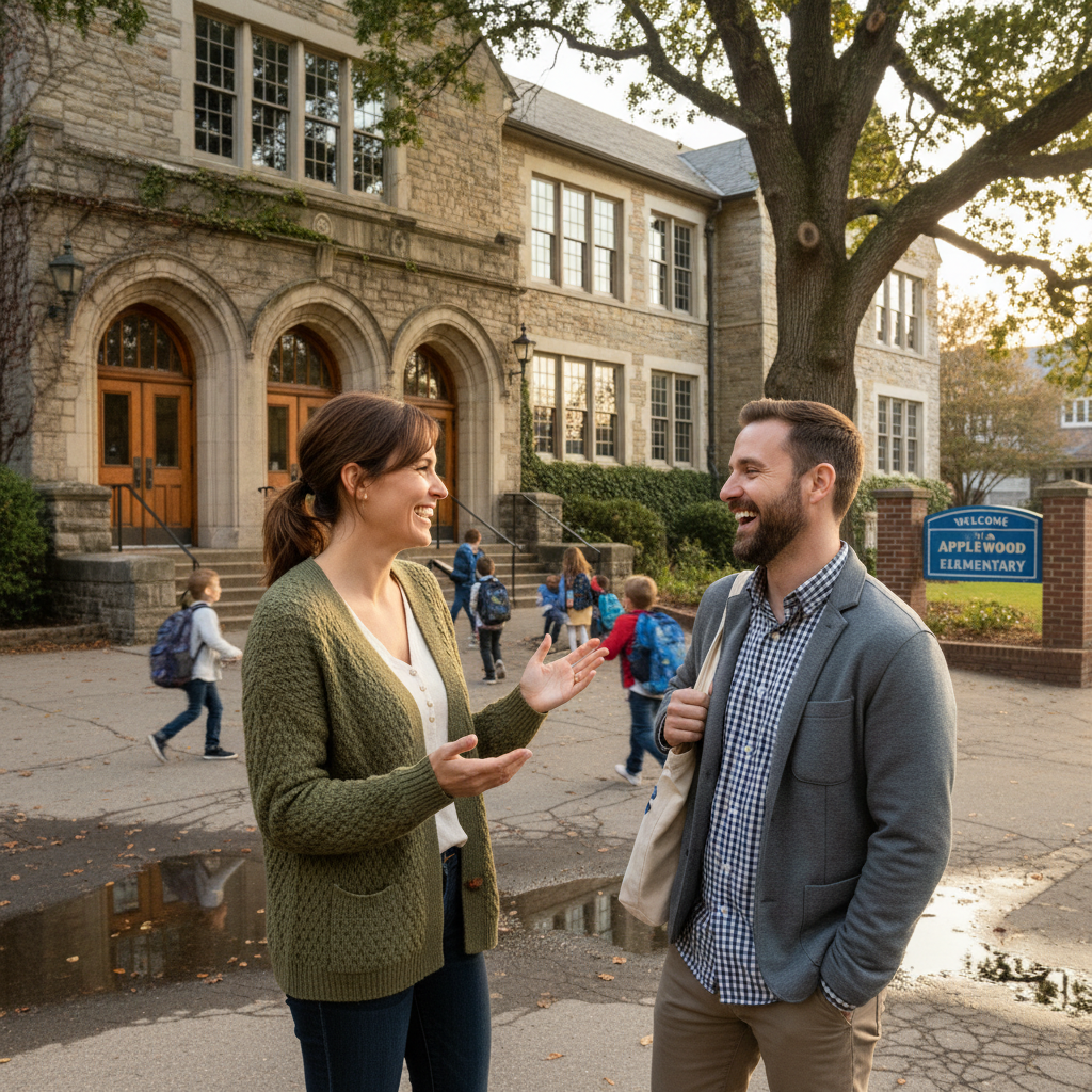 Two parents chatting warmly at a school entrance while their young children play nearby