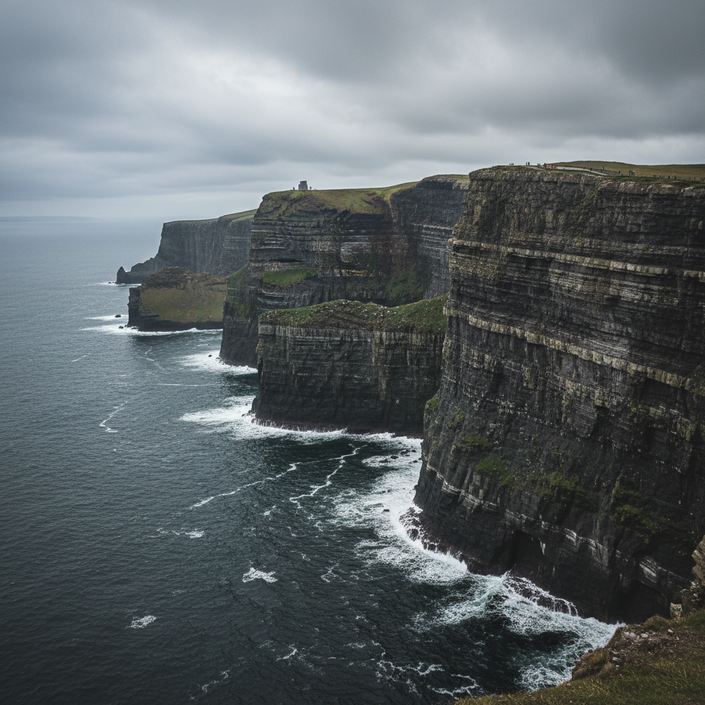 Wild Atlantic Breton coastline, dramatic cliffs, grey-blue ocean, overcast dramatic sky