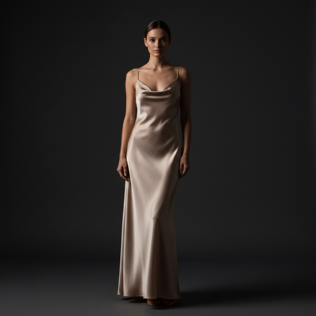 Woman in elegant satin slip dress, moody dark background luxury fashion