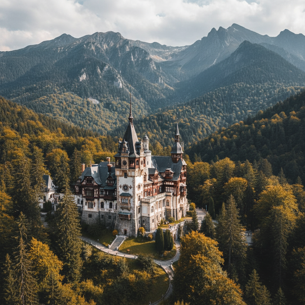 Sinaia Peles Castle with ornate architecture surrounded by Carpathian Mountains