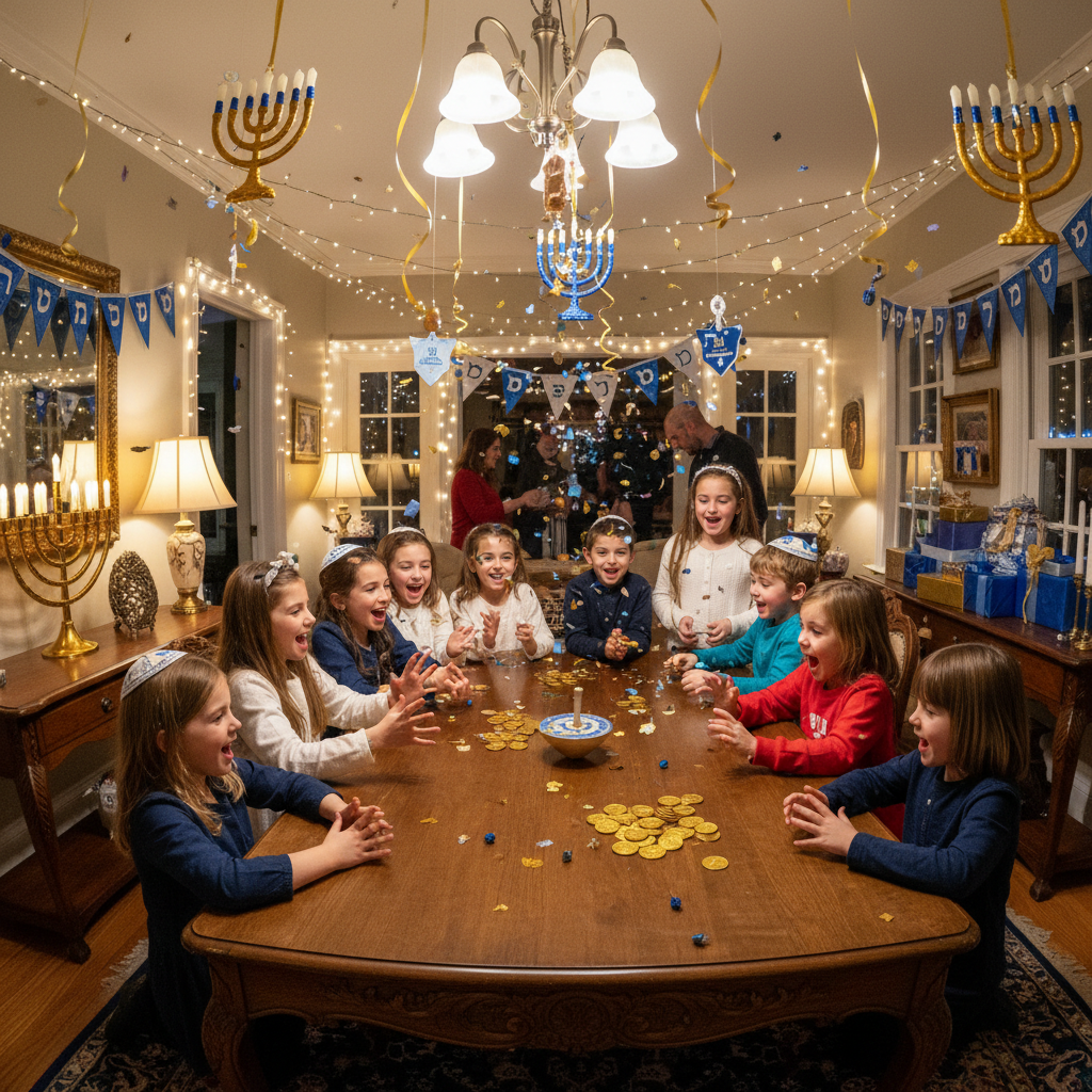 Children playing dreidel at a colorful Hanukkah party with gold coins and festive decorations