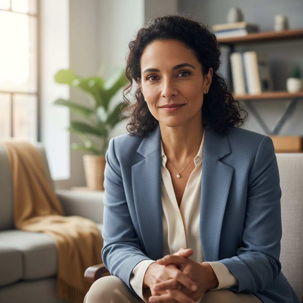 Professional woman with blonde hair in white blazer smiling confidently in bright office