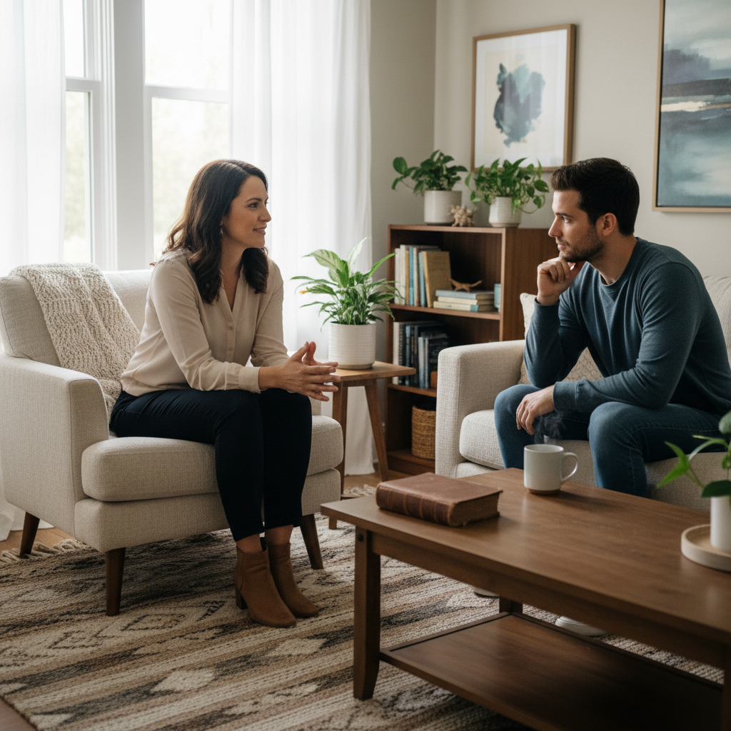 Counsellor in a comfortable, private mental health office speaking with a patient in a calm, supportive environment