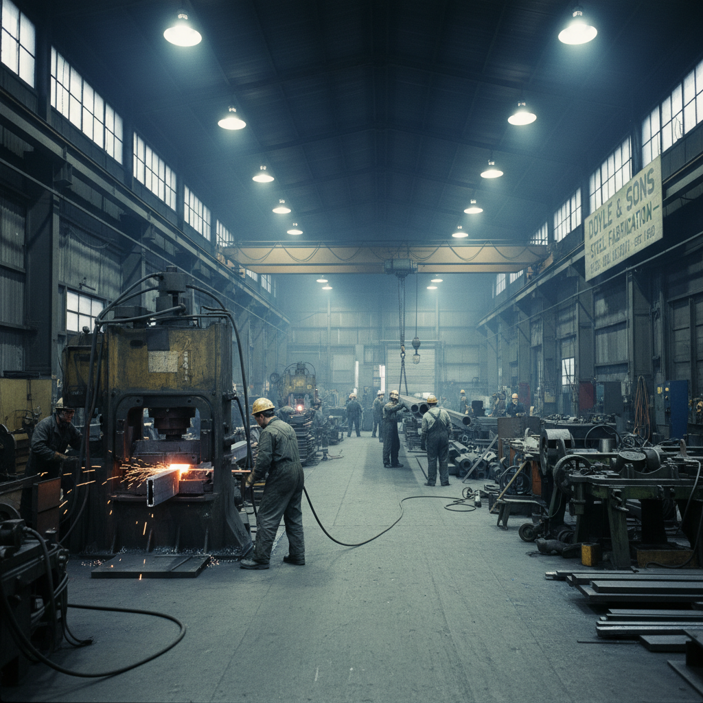 Industrial sheet metal fabrication facility with heavy machinery, dark steel walls, dim atmospheric workshop lighting, deep shadows