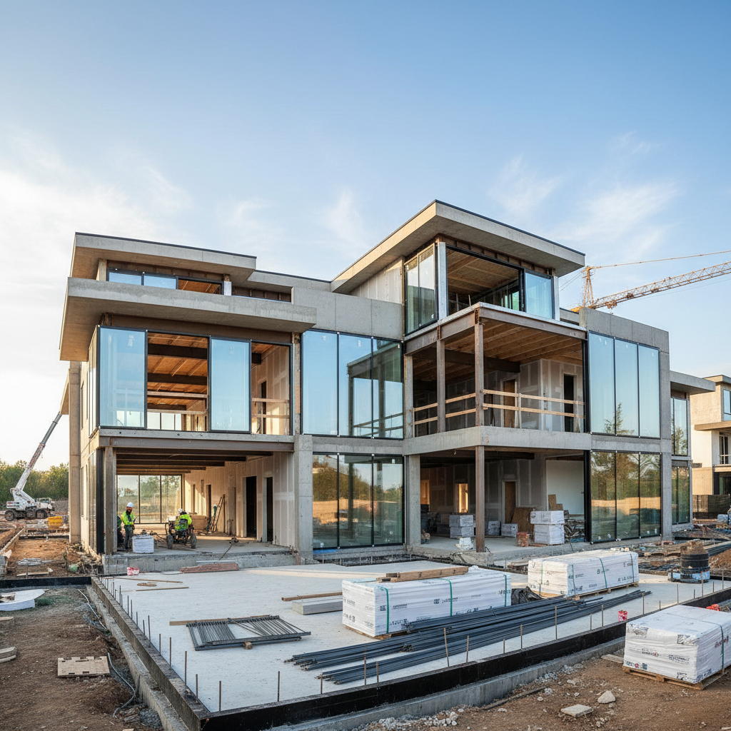 Luxury modern home under construction, framing complete, dramatic evening light, premium residential construction project