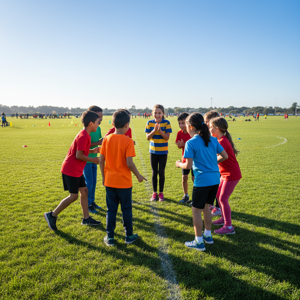 Group of kids huddled together on a sunny grass field before a relay race