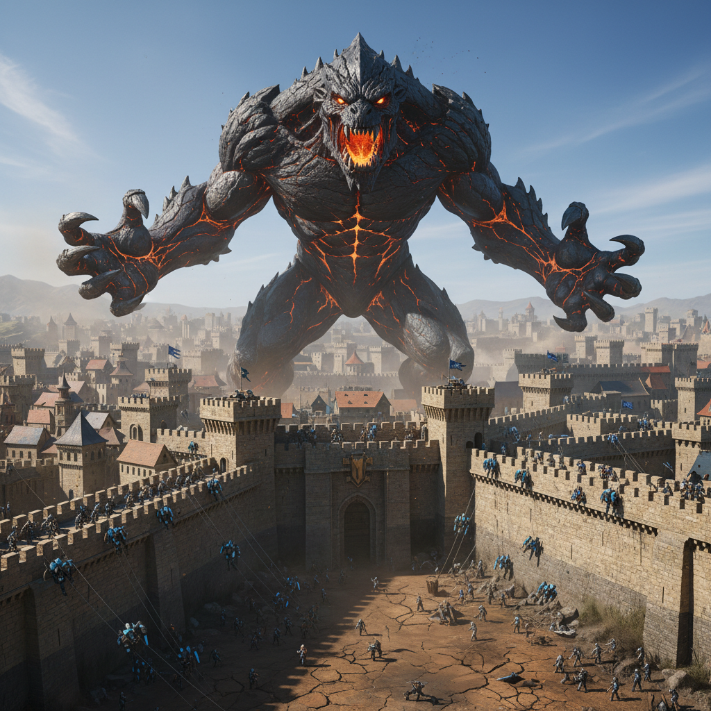 Titan figures looming over a walled city with soldiers using gear to fly between buildings